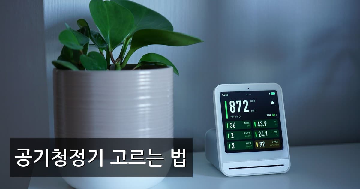 공기질 측정기와 식물이 놓인 밝은 실내 책상