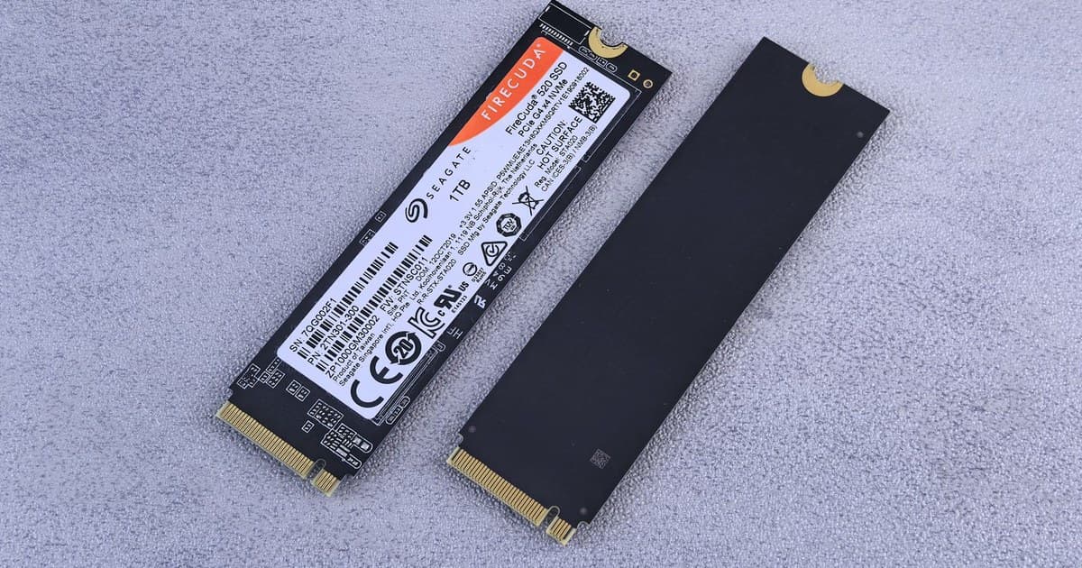 M.2 NVMe SSD 두 개가 회색 표면 위에 놓여 있는 모습