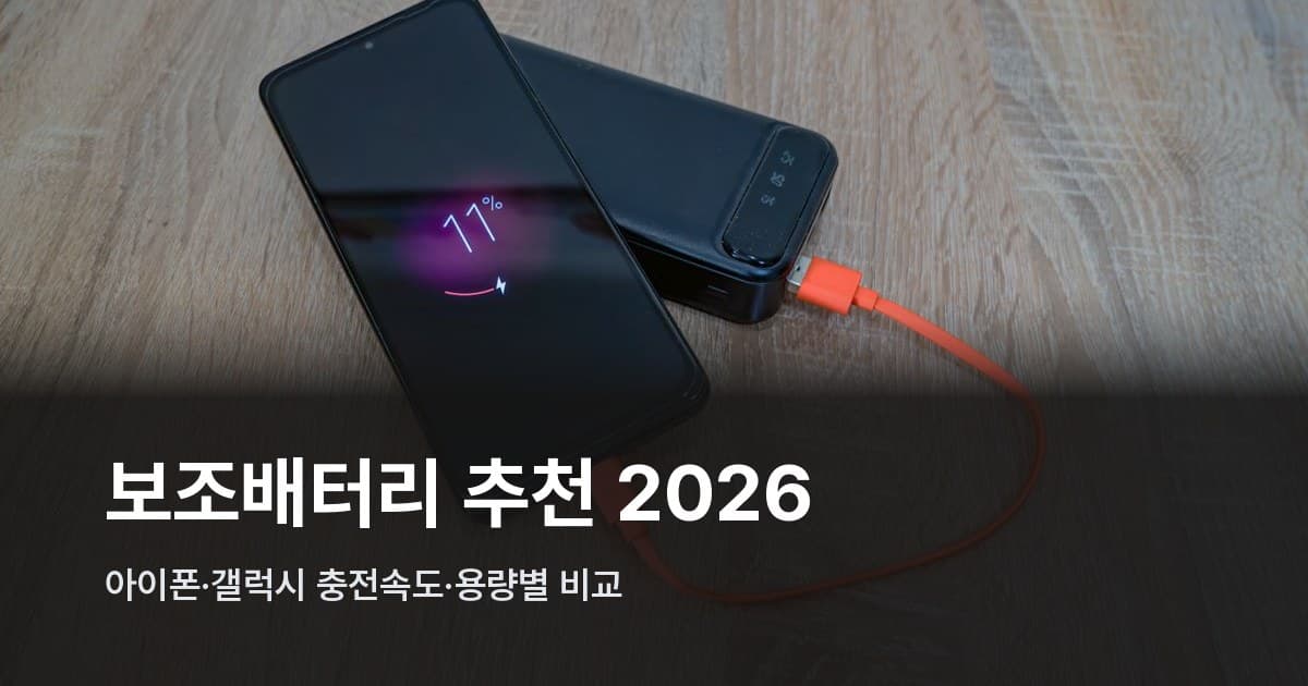 보조배터리와 스마트폰이 주황색 케이블로 연결된 채 나무 바닥 위에 놓인 모습